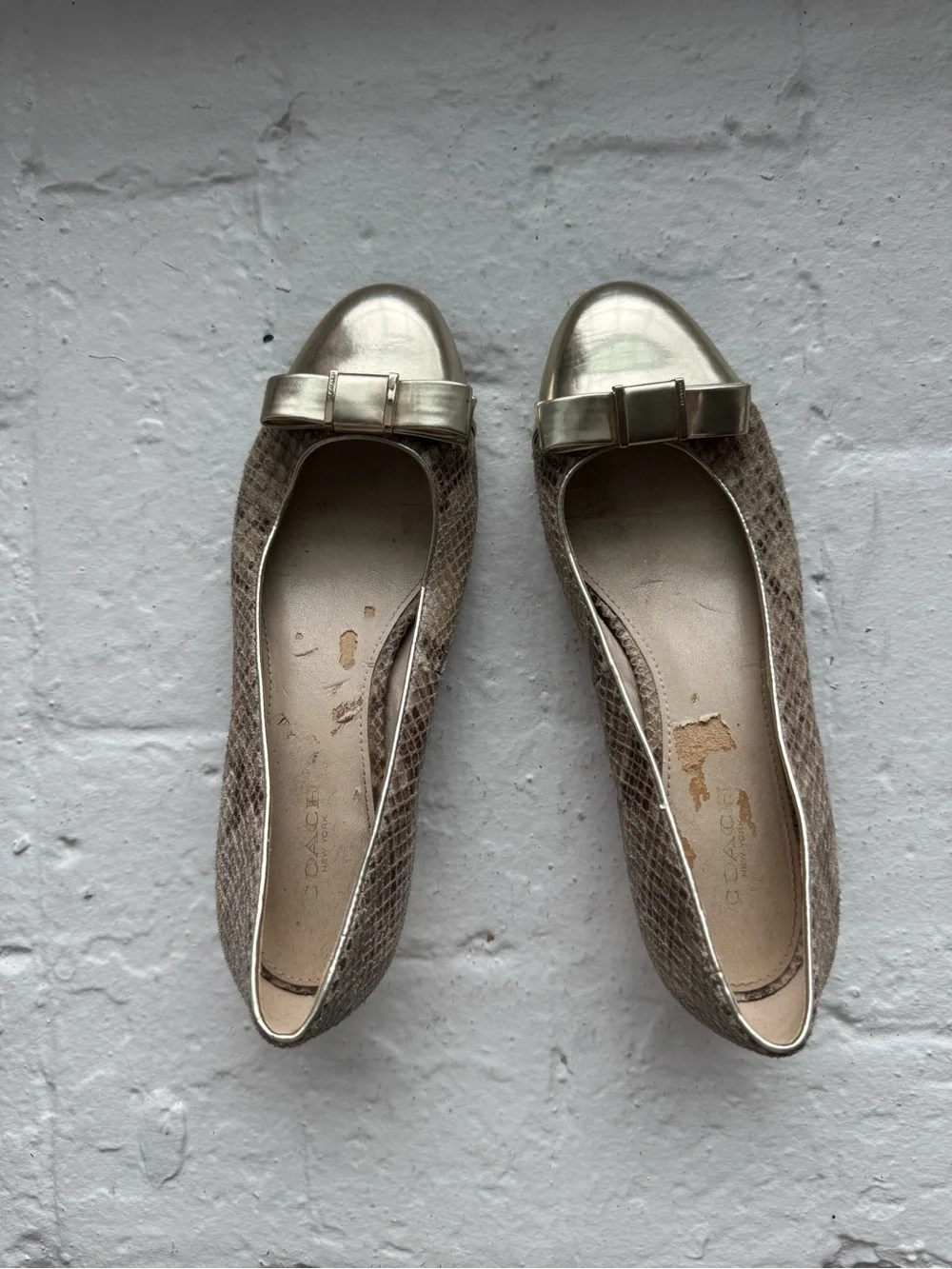Coach ‘Rivera’ Metallic Taupe Snake-Print Low Block Heel Flats with Bow